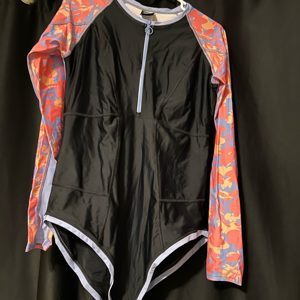 Prana Black and Floral Long Sleeve Swimsuit